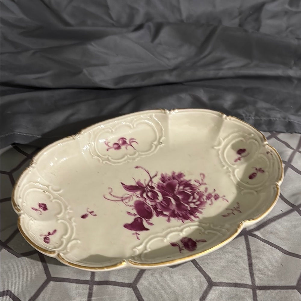 Antique Floral Oval Ceramic Dish with Purple Accents